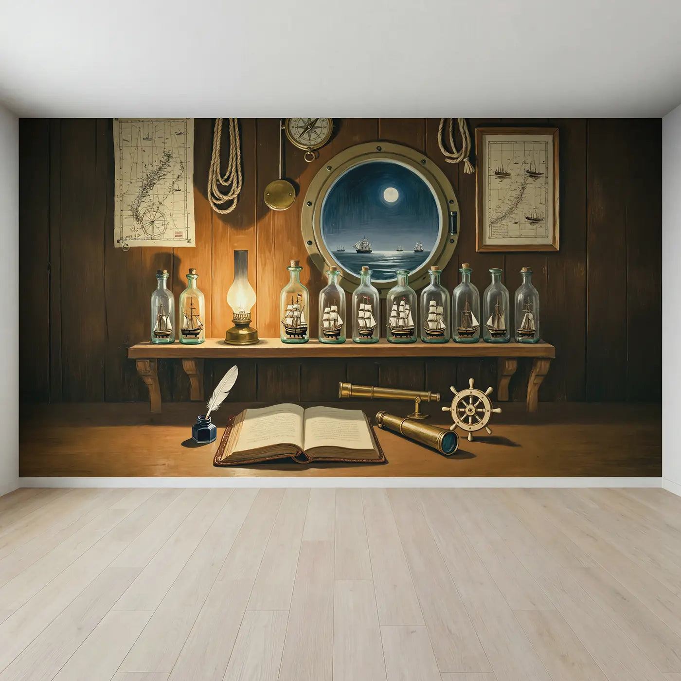 Full view of Captains Study Ship Bottles Wallpaper Mural by Whimsy Tots