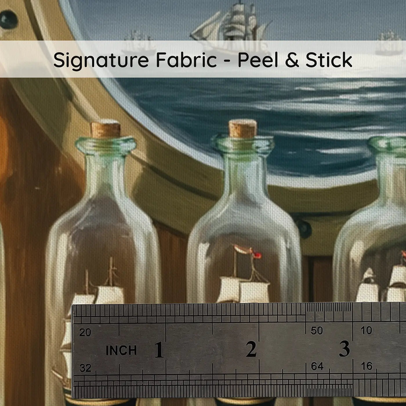 Fabric texture close-up of Captains Study Ship Bottles Wallpaper Mural by Whimsy Tots