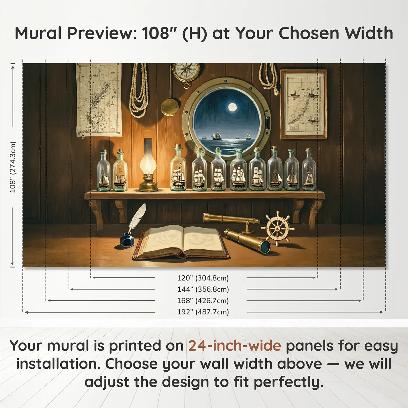 Panel layout and dimensions for Captains Study Ship Bottles Wallpaper Mural by Whimsy Tots