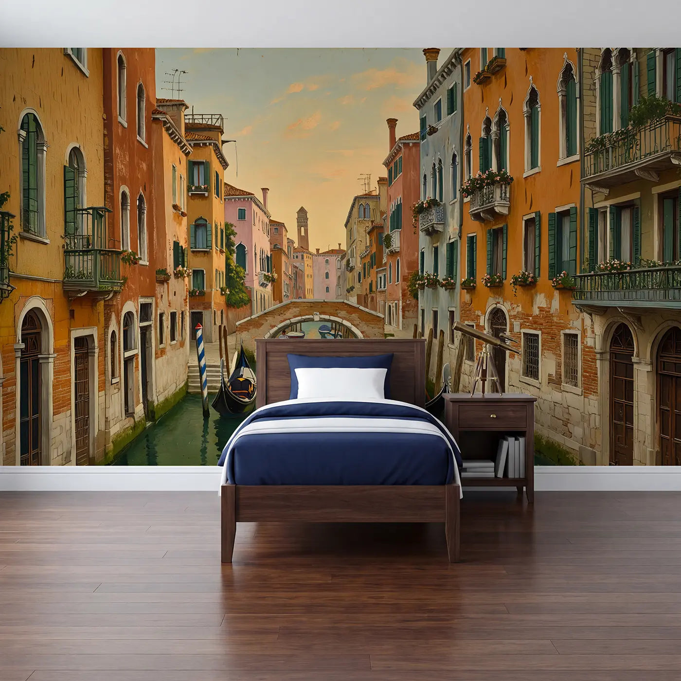 painted landscape canal city gondola afternoon mural for kids room by Whimsy Tots