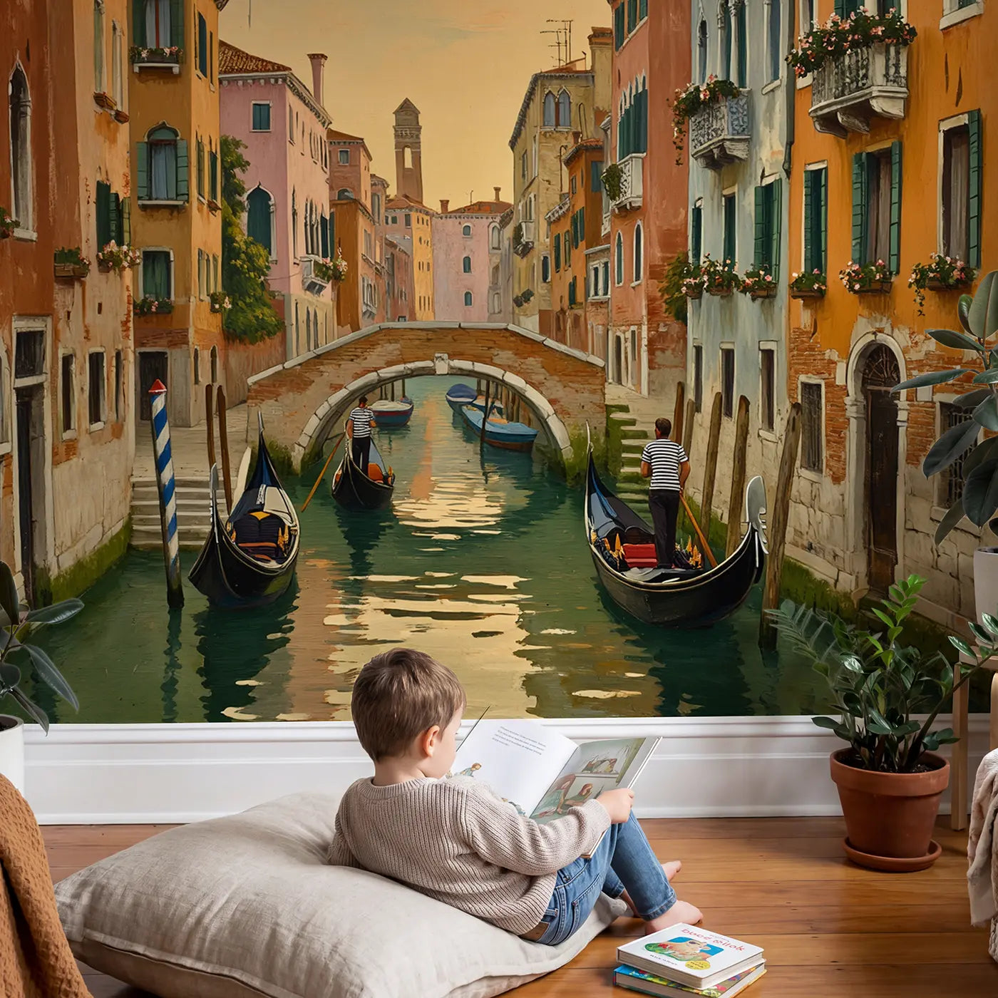 Child in nursery with Canal City Gondola Afternoon Wallpaper Mural by Whimsy Tots