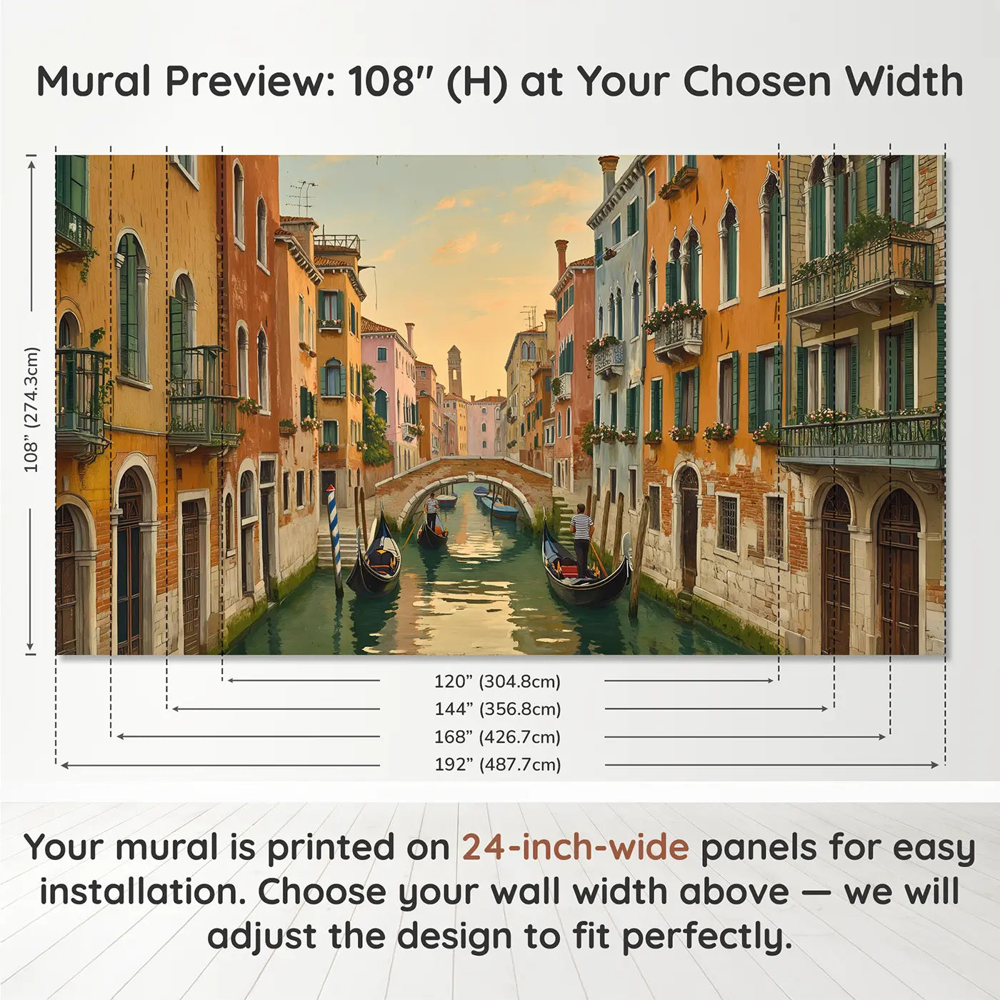 Panel layout and dimensions for Canal City Gondola Afternoon Wallpaper Mural by Whimsy Tots
