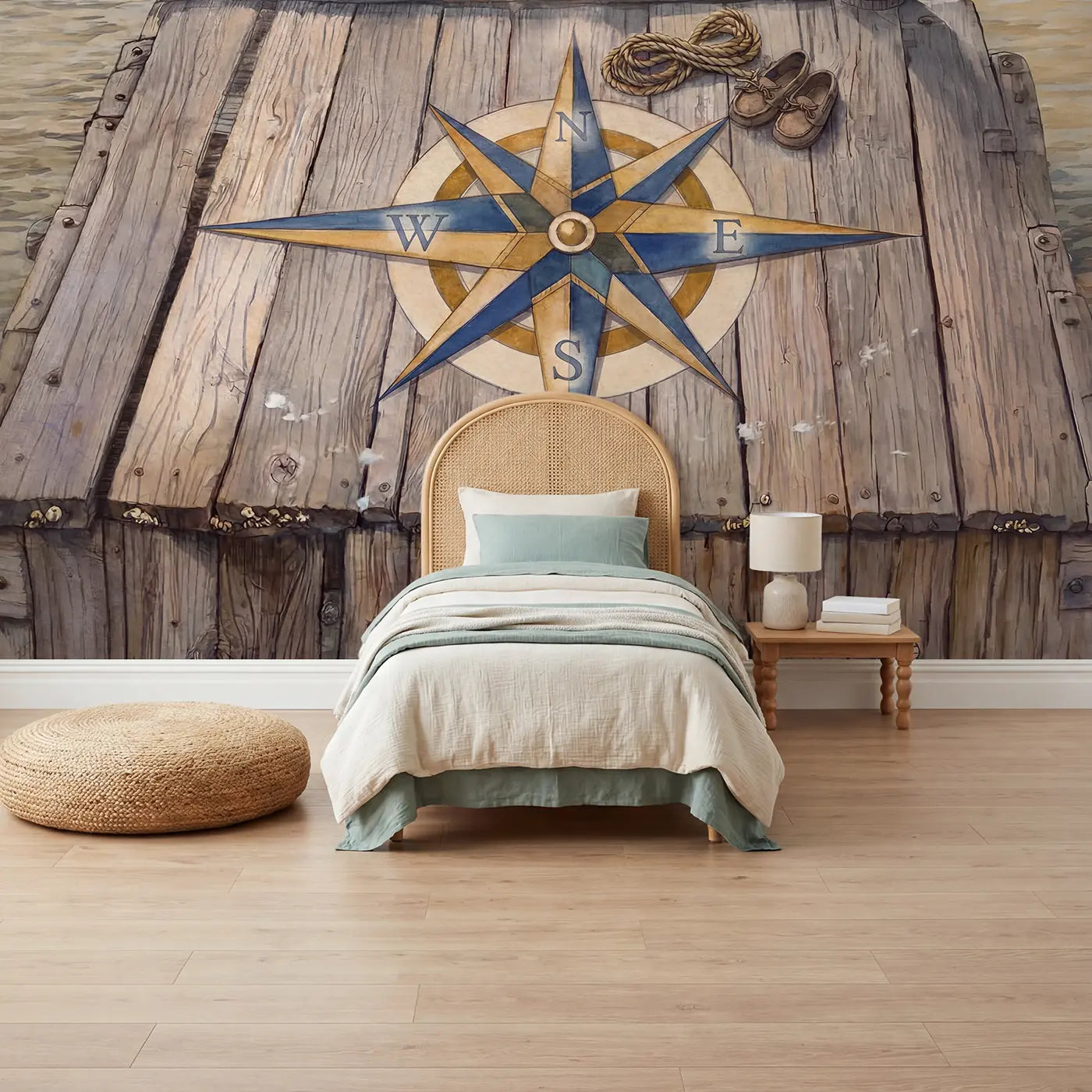 Storybook dock compass rose maritime wallpaper mural for kids room by Whimsy Tots