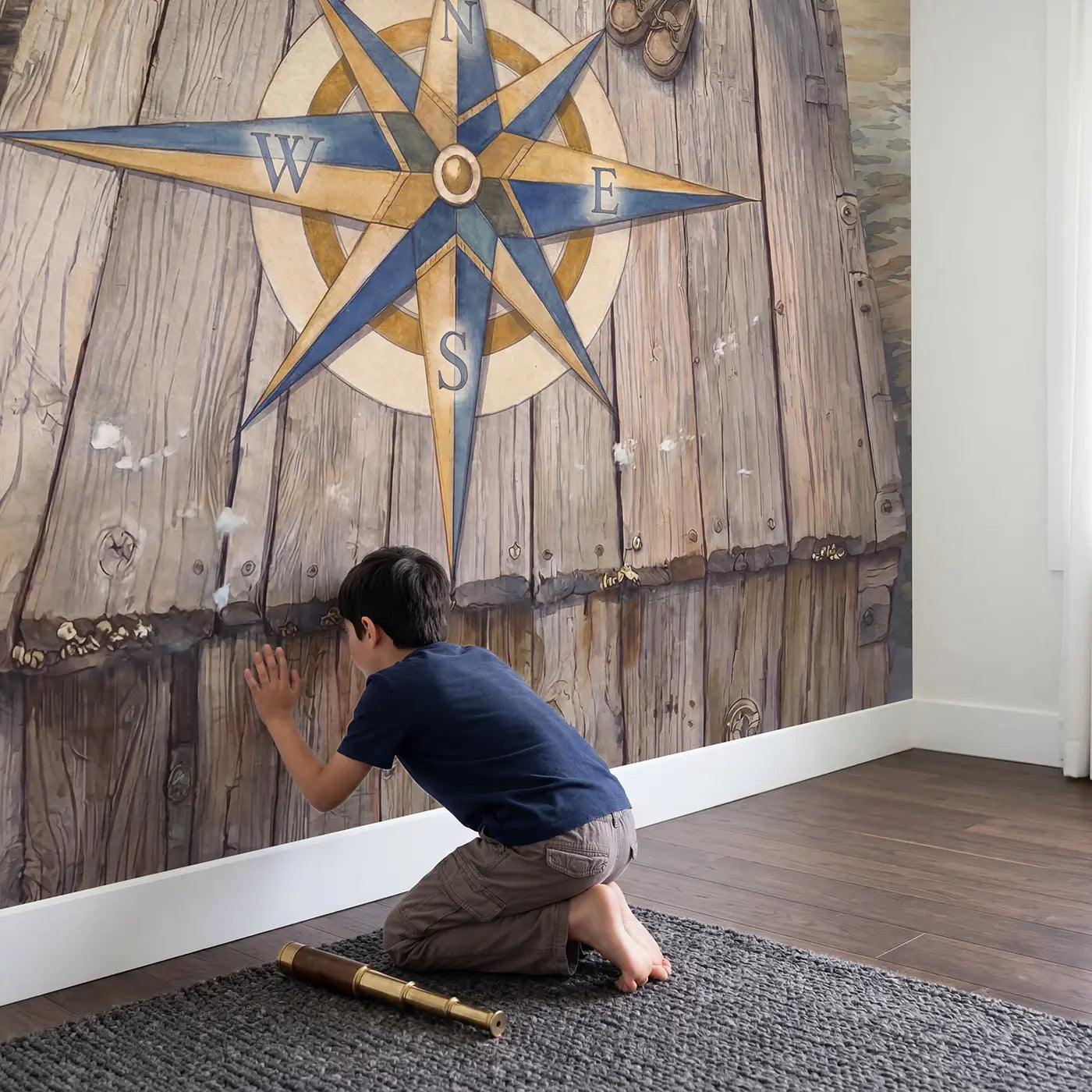 Child in nursery with Dock Compass Rose Maritime Wallpaper Mural by Whimsy Tots