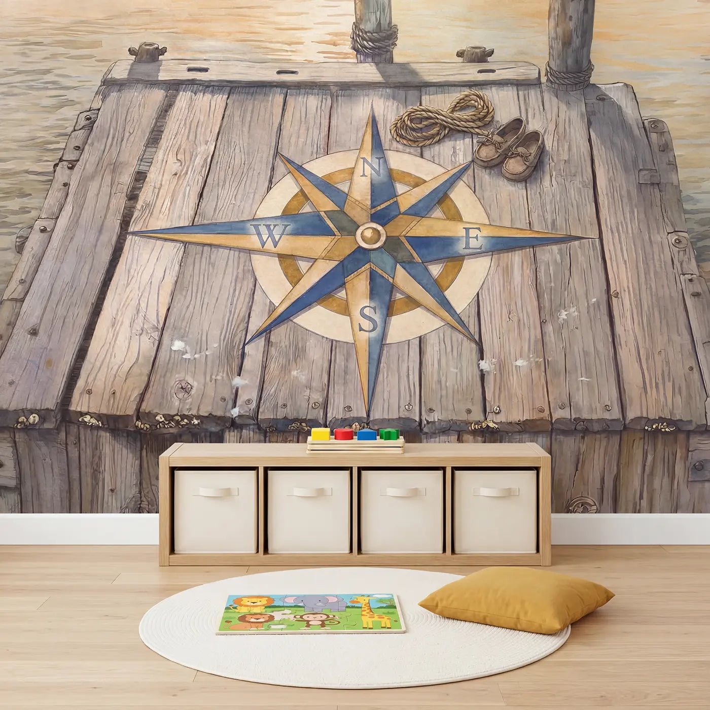 Dock Compass Rose Maritime Wallpaper Mural in playroom setting by Whimsy Tots