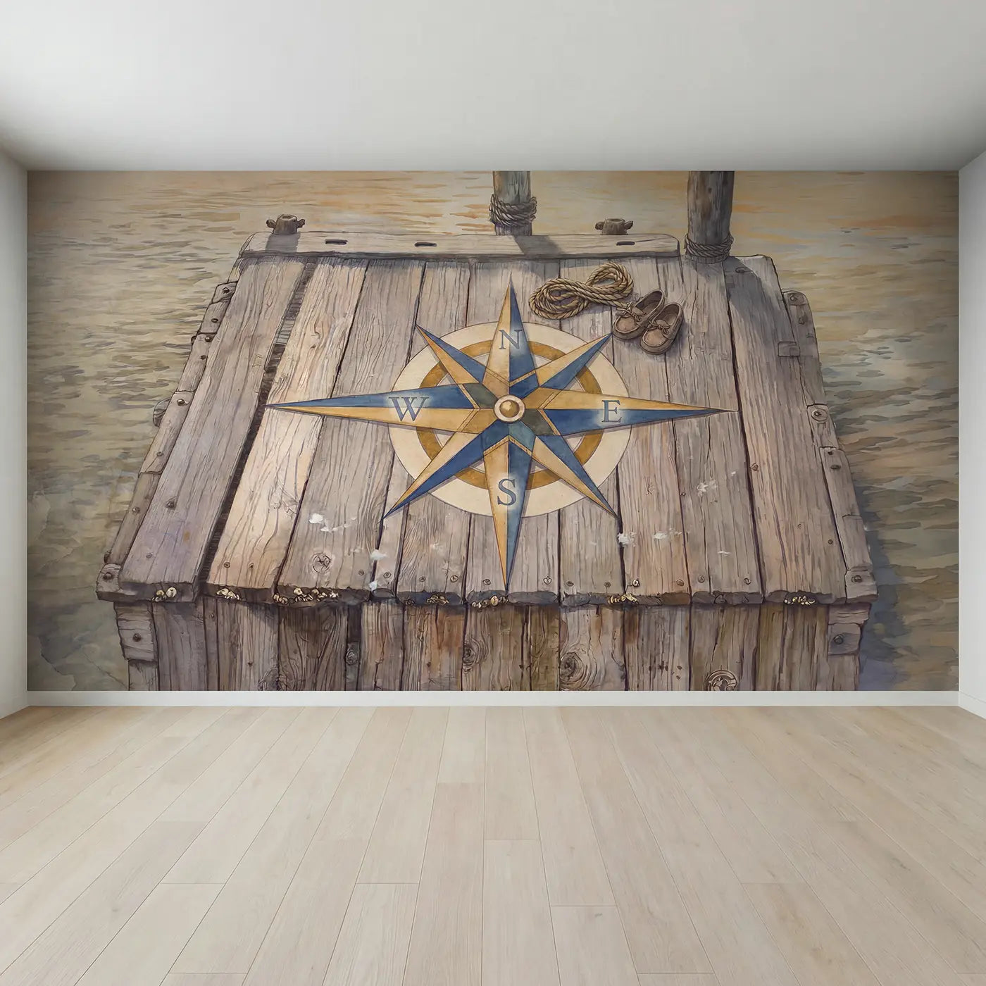 Full view of Dock Compass Rose Maritime Wallpaper Mural by Whimsy Tots