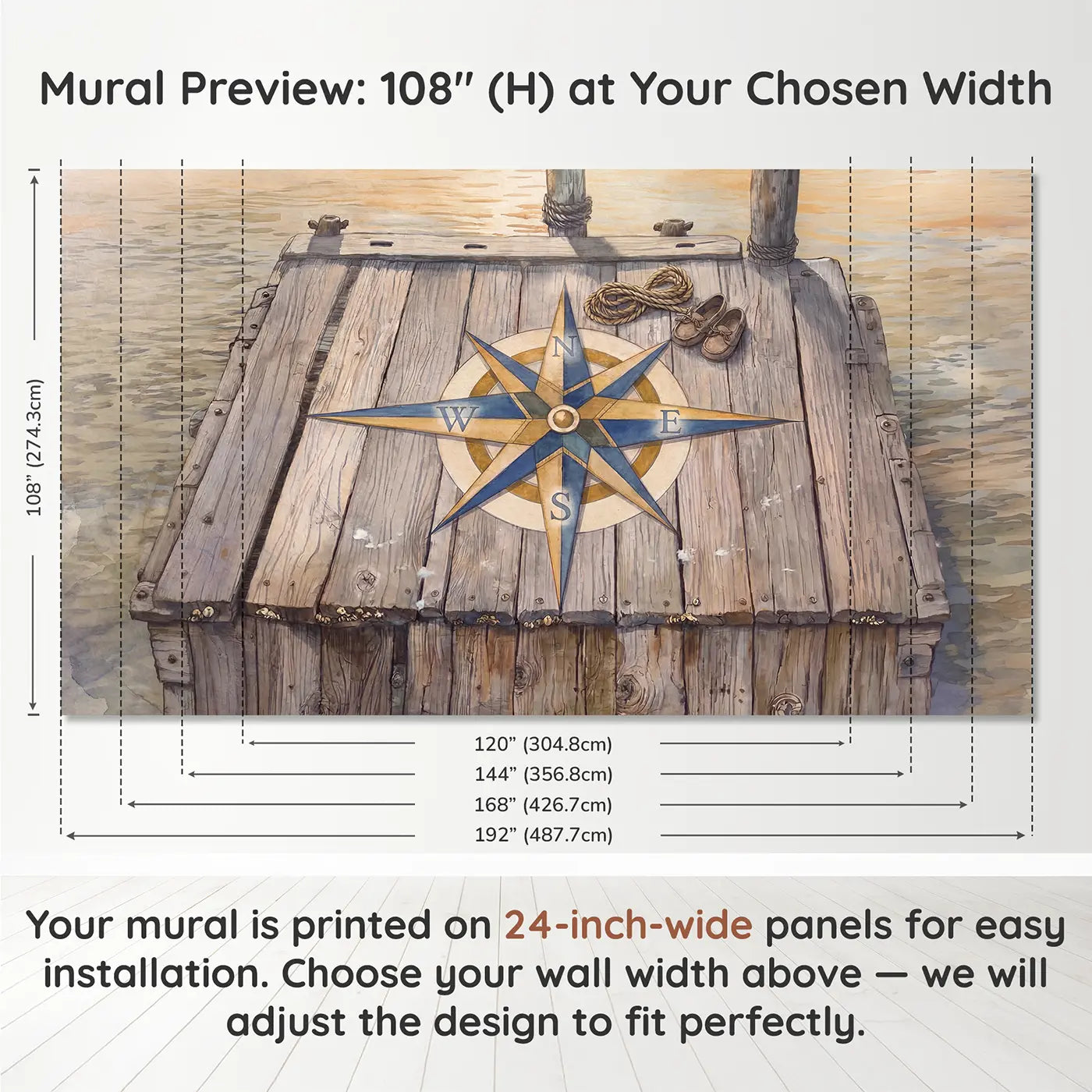 Panel layout and dimensions for Dock Compass Rose Maritime Wallpaper Mural by Whimsy Tots