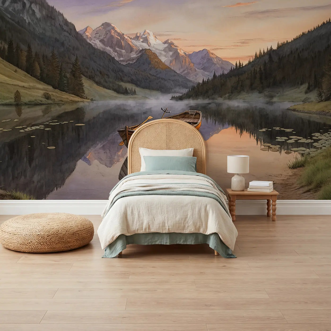 storybook illustration rowboat mountain lake dawn mural for kids room by Whimsy Tots