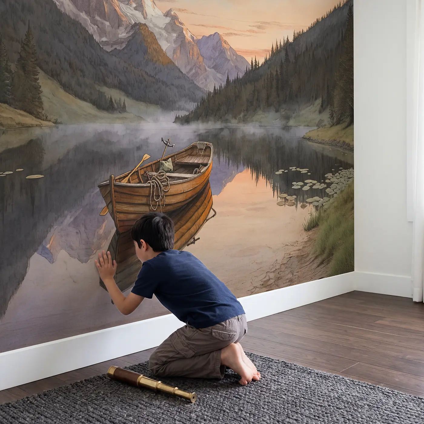 Child in nursery with Rowboat Mountain Lake Dawn Wallpaper Mural by Whimsy Tots