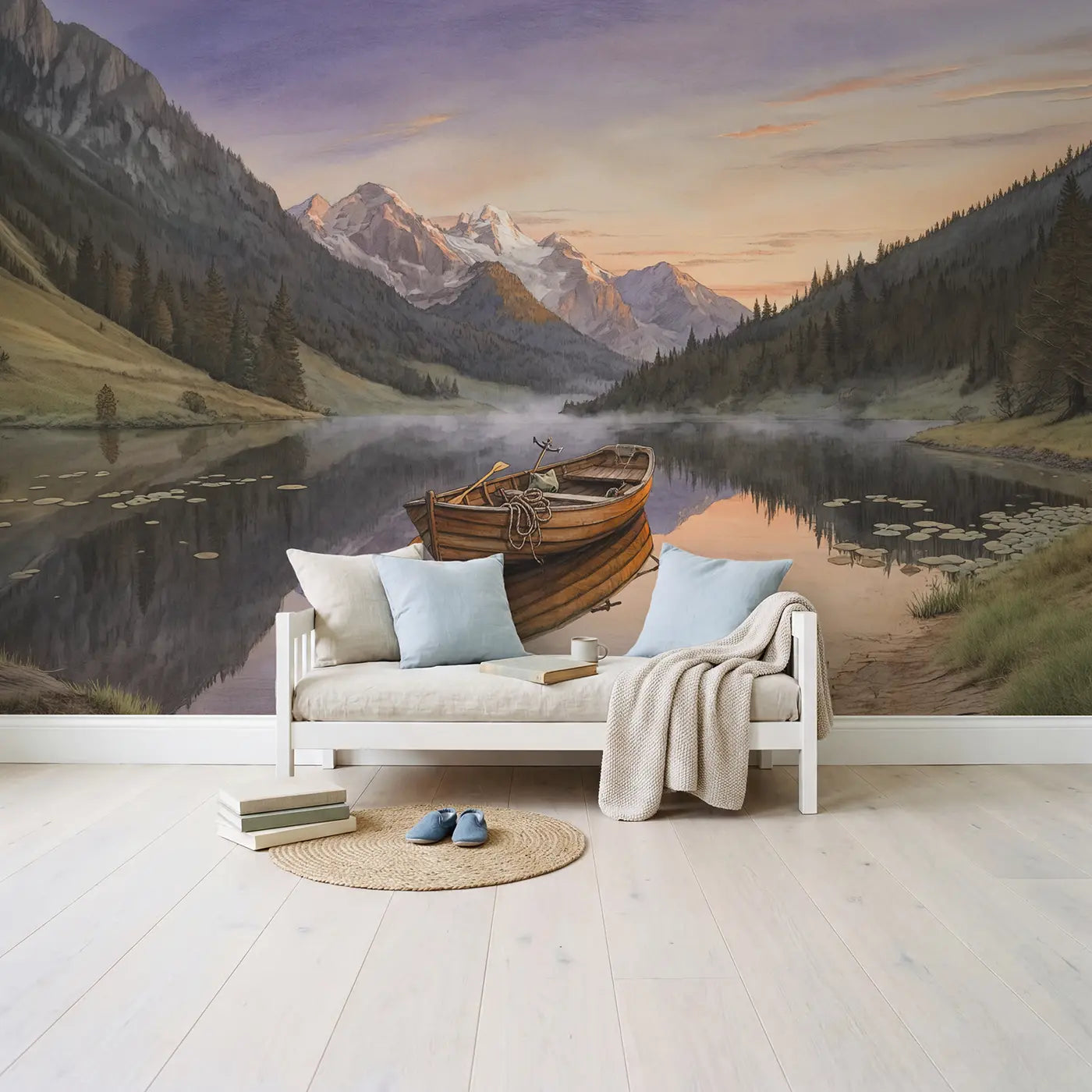 Rowboat Mountain Lake Dawn Wallpaper Mural in playroom setting by Whimsy Tots