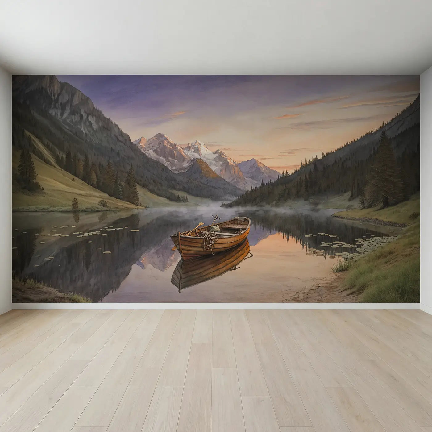Full view of Rowboat Mountain Lake Dawn Wallpaper Mural by Whimsy Tots