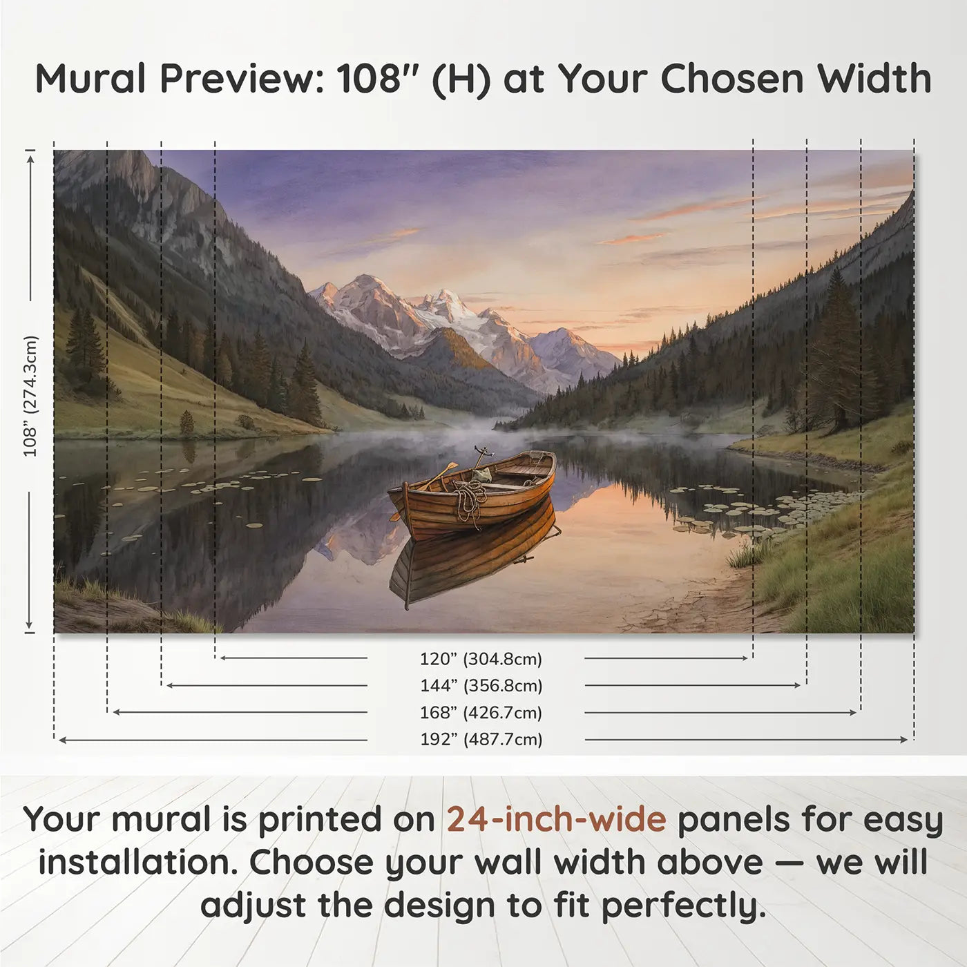Panel layout and dimensions for Rowboat Mountain Lake Dawn Wallpaper Mural by Whimsy Tots