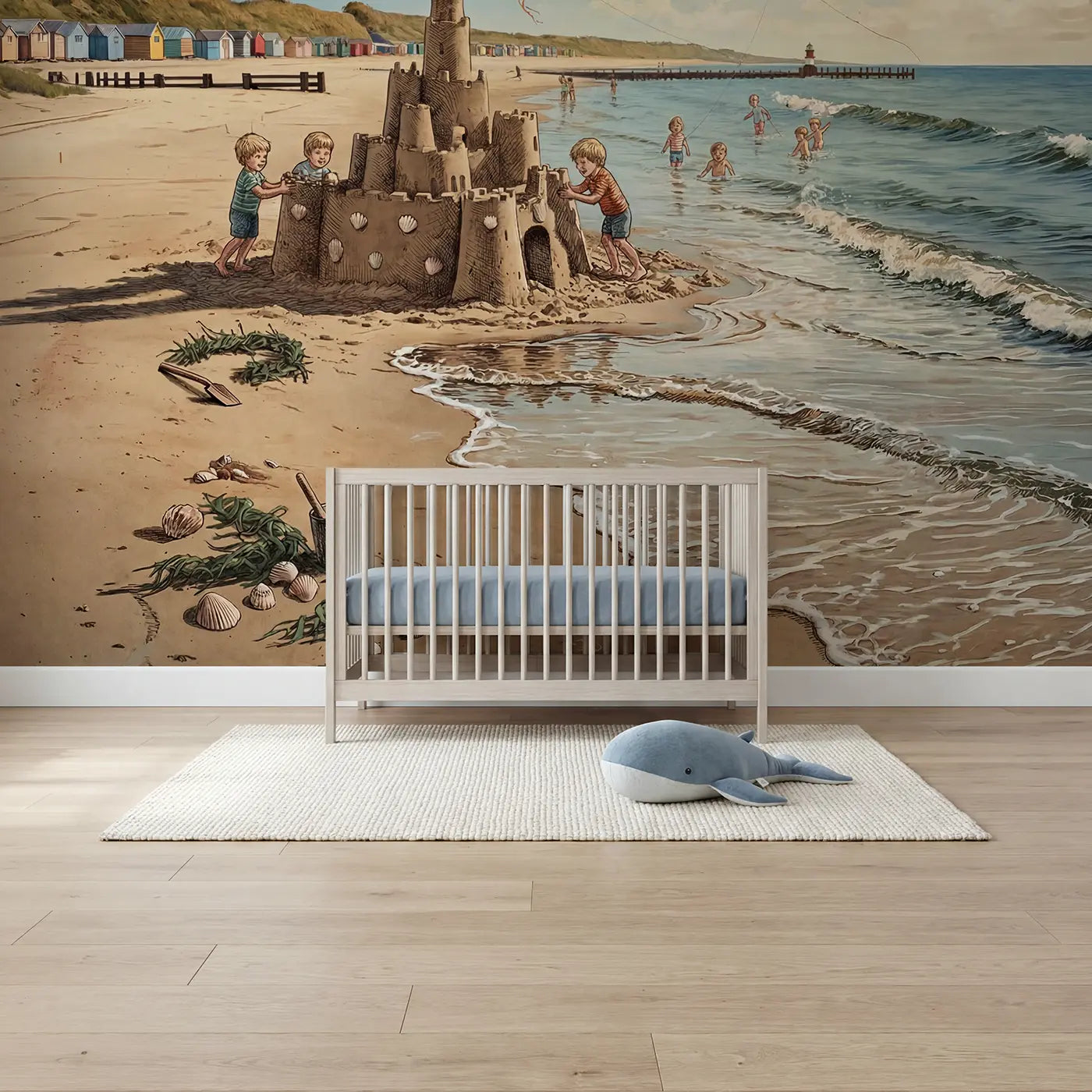 Storybook sandcastle on beach wallpaper mural for boys room by Whimsy Tots