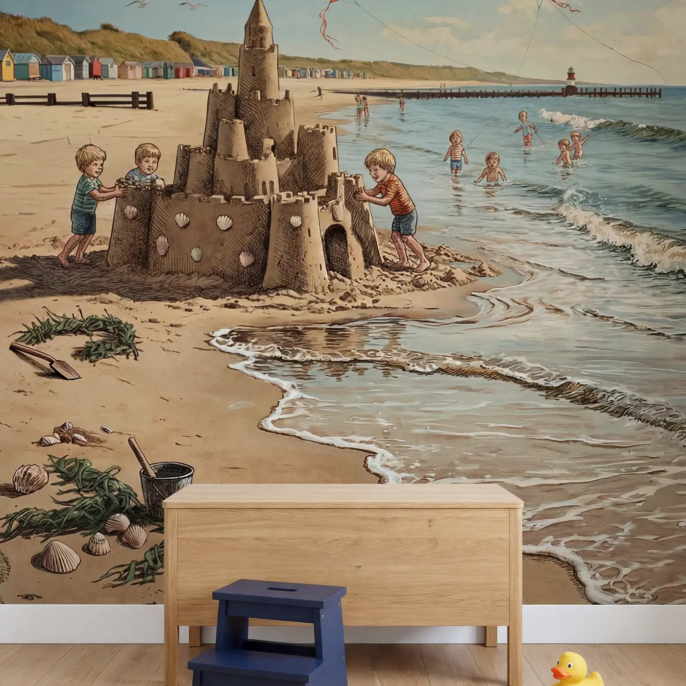 Sandcastle and Tide Beach Wallpaper Mural in playroom setting by Whimsy Tots