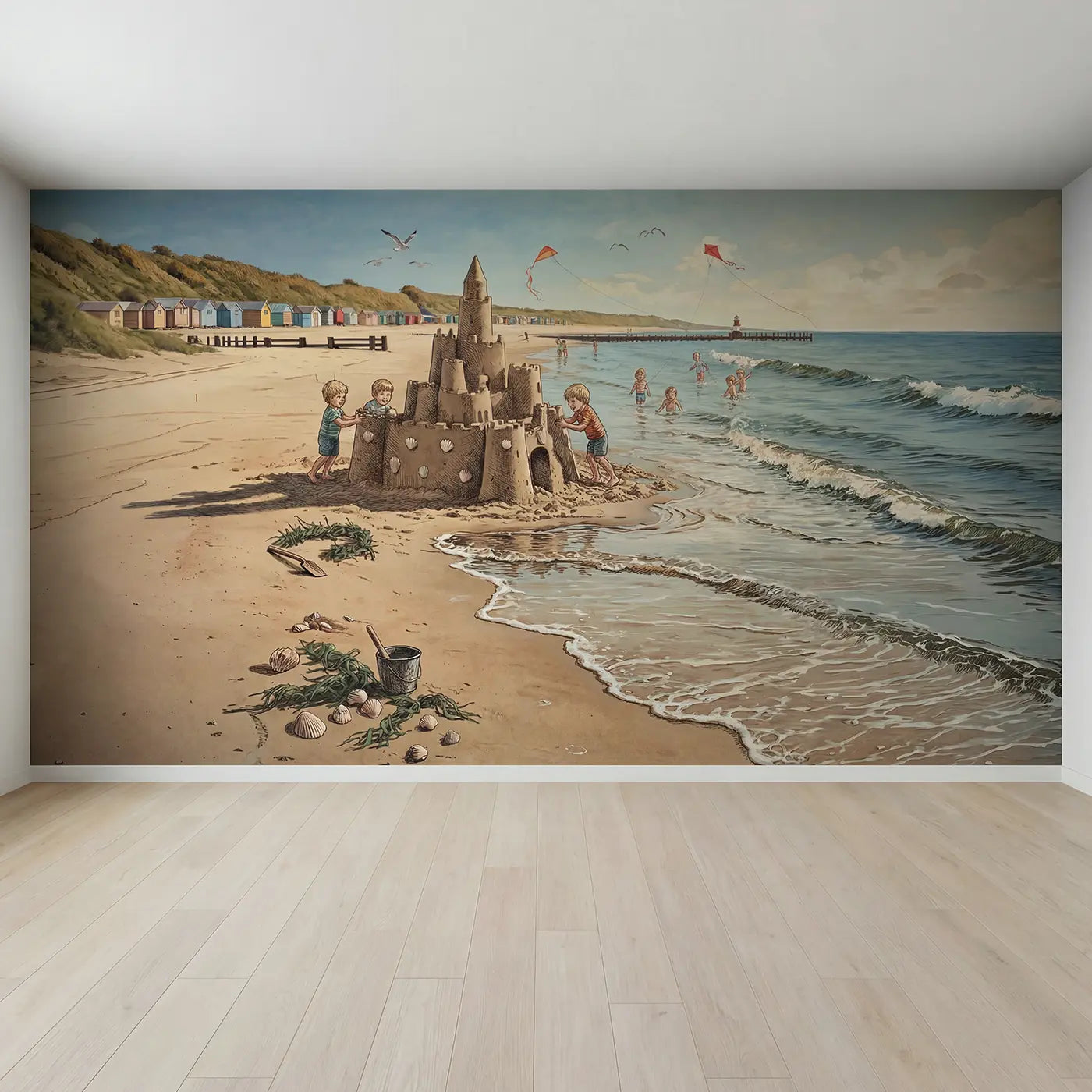 Full view of Sandcastle and Tide Beach Wallpaper Mural by Whimsy Tots