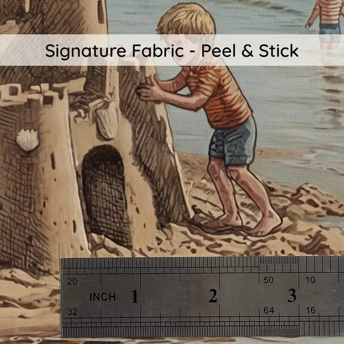 Fabric texture close-up of Sandcastle and Tide Beach Wallpaper Mural by Whimsy Tots
