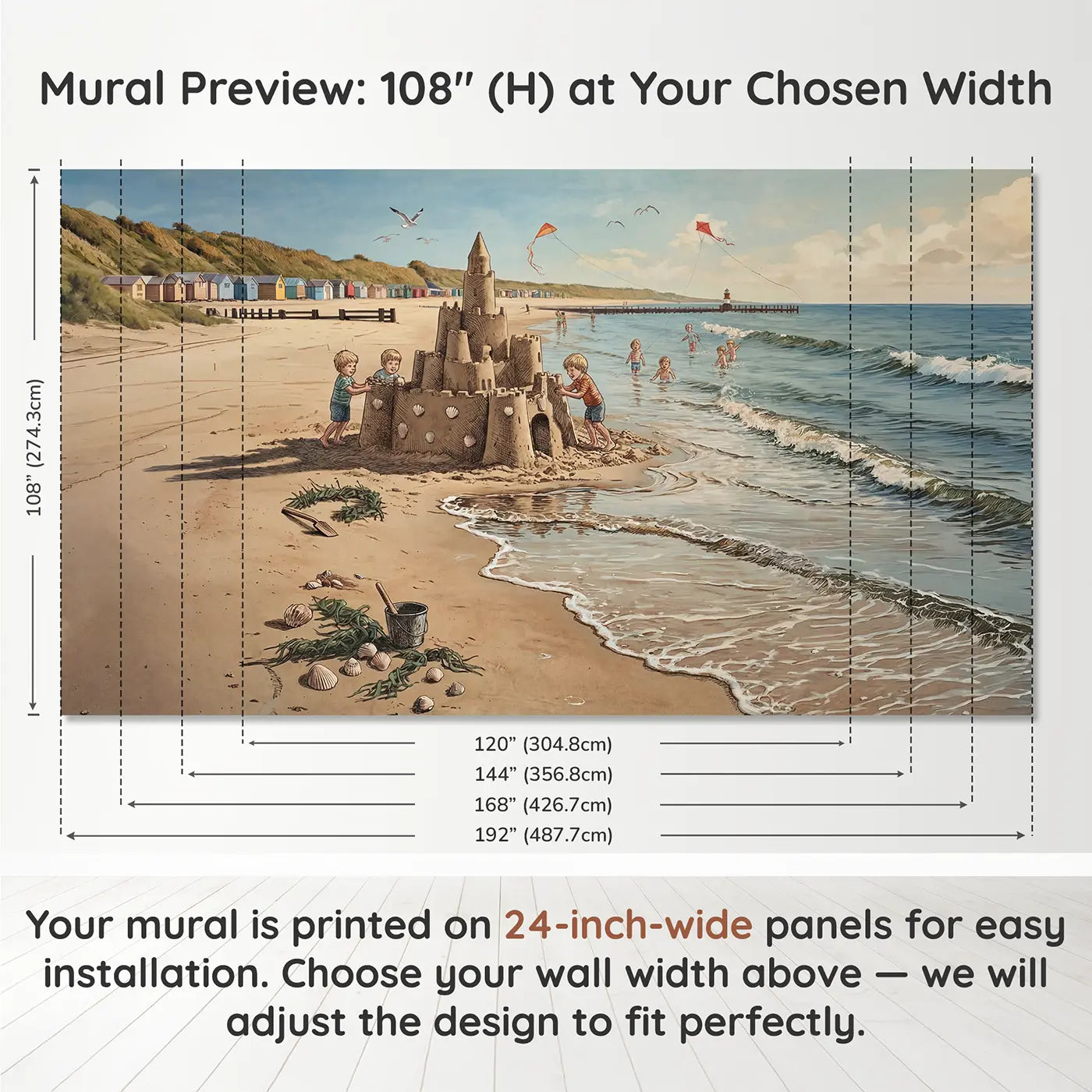 Panel layout and dimensions for Sandcastle and Tide Beach Wallpaper Mural by Whimsy Tots