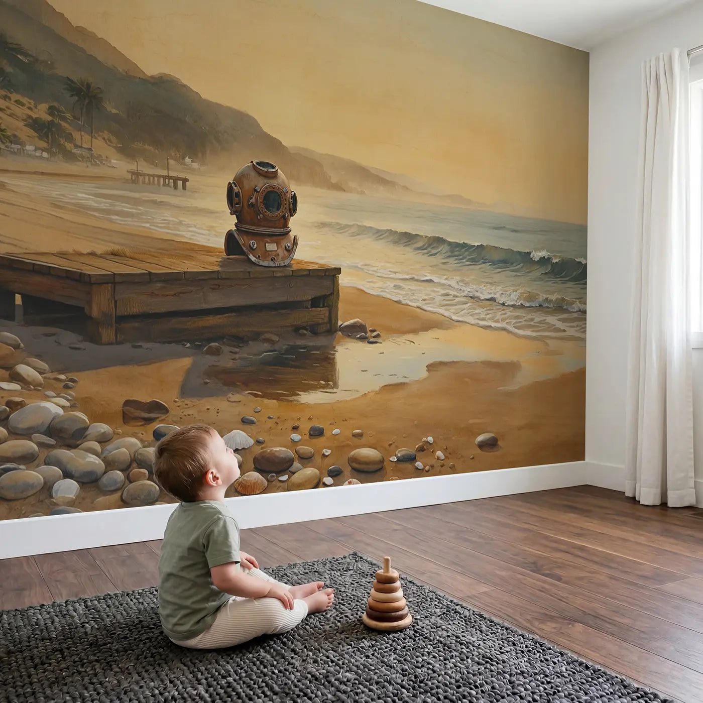 Child in nursery with Vintage Diving Helmet Suit Wallpaper Mural by Whimsy Tots
