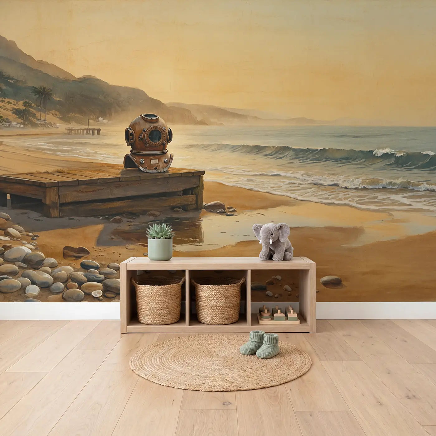 Vintage Diving Helmet Suit Wallpaper Mural in playroom setting by Whimsy Tots