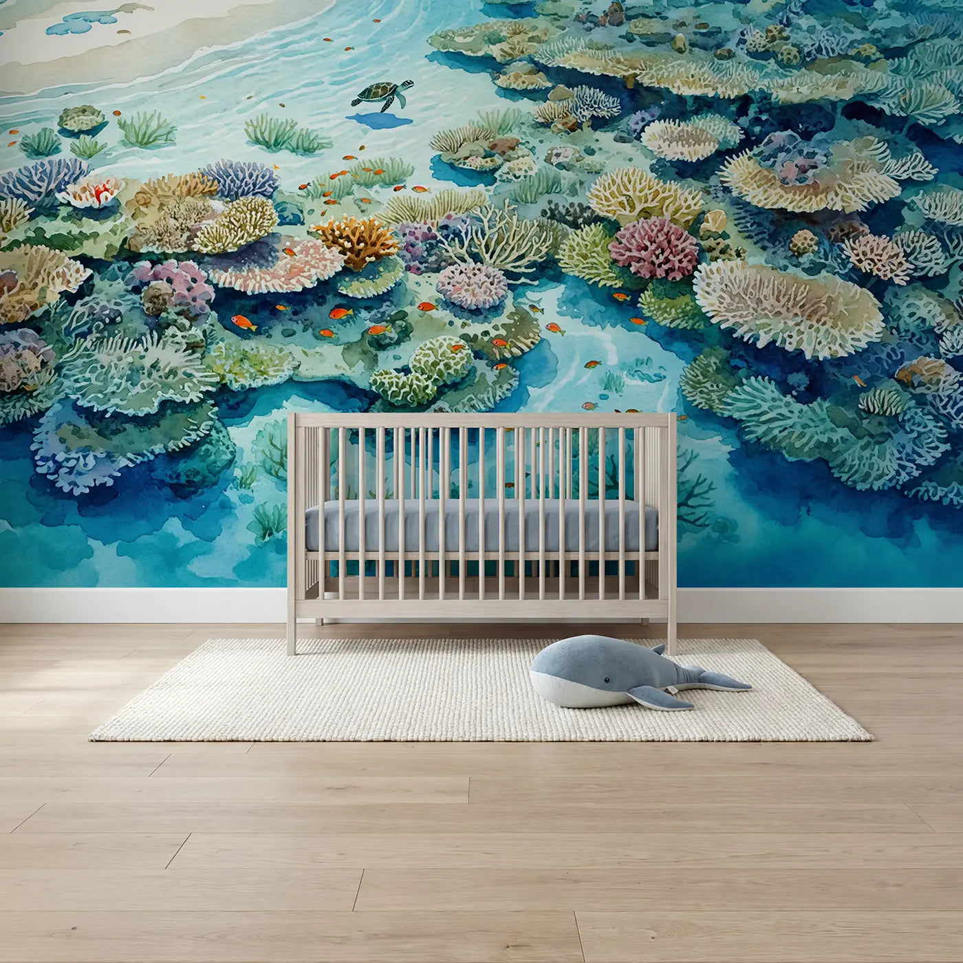watercolor crystal reef shallows ocean wallpaper mural for boys room by Whimsy Tots