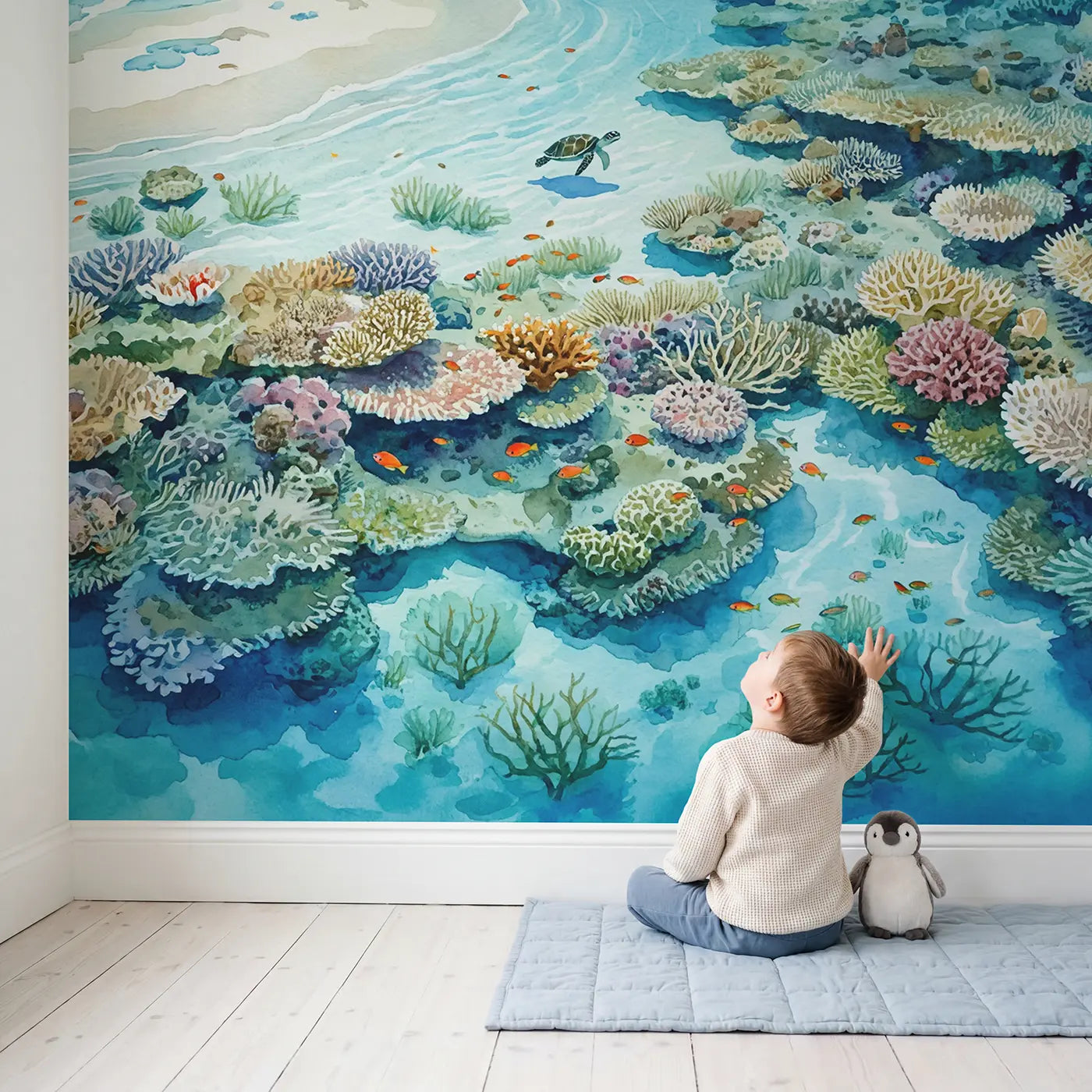 Child in nursery with Crystal Reef Shallows Wallpaper Mural by Whimsy Tots