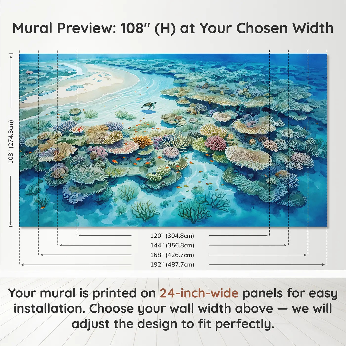 Panel layout and dimensions for Crystal Reef Shallows Wallpaper Mural by Whimsy Tots