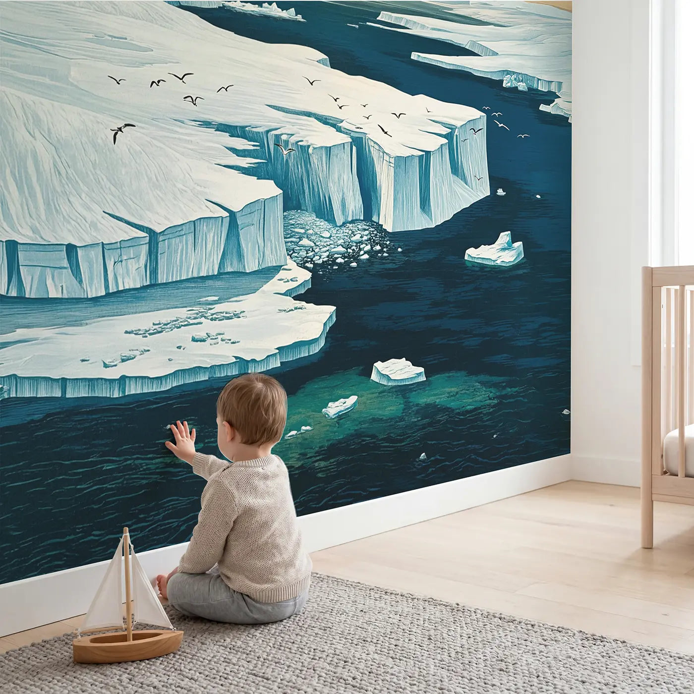 Child in nursery with Ice Shelf Ocean Meeting Point Wallpaper Mural by Whimsy Tots