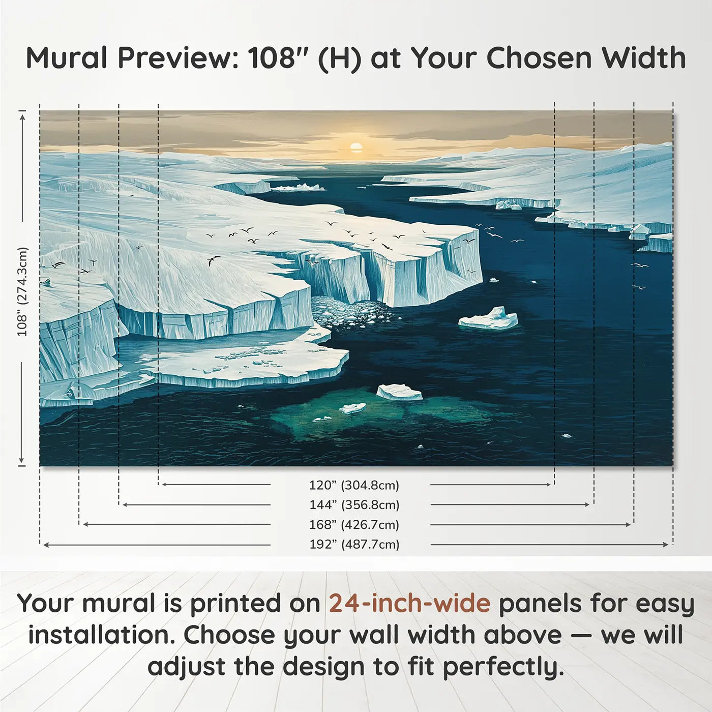 Panel layout and dimensions for Ice Shelf Ocean Meeting Point Wallpaper Mural by Whimsy Tots