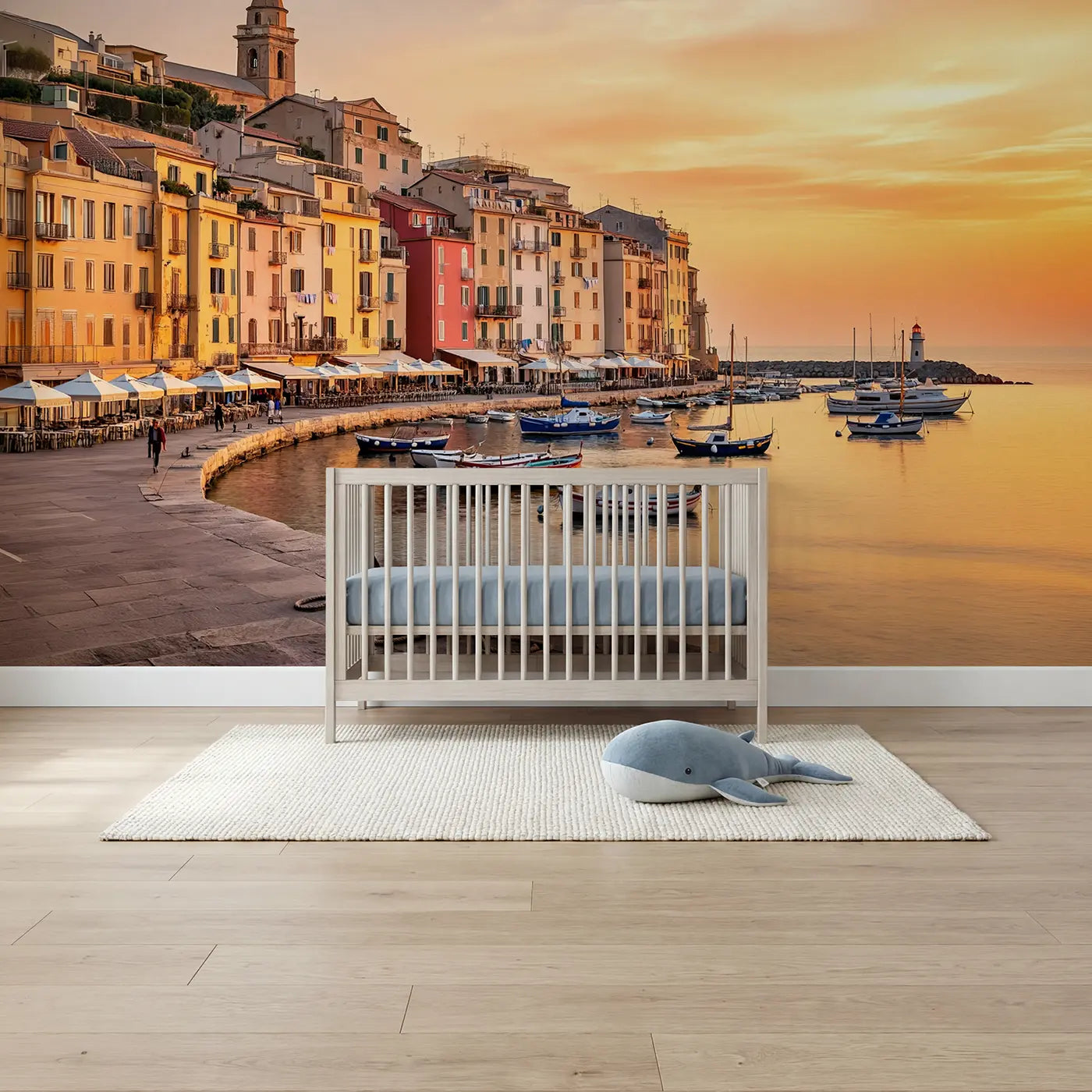 Soft pastel Mediterranean harbor boats wallpaper mural for nursery by Whimsy Tots