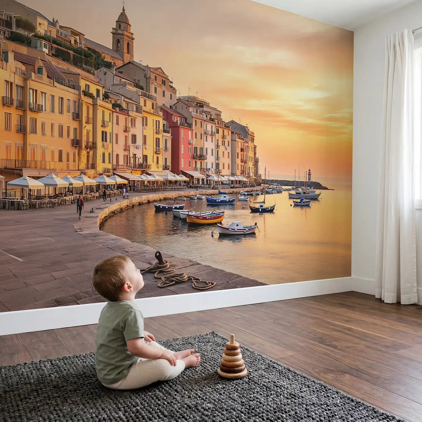 Child in nursery with Mediterranean Pastel Harbor Wallpaper Mural by Whimsy Tots
