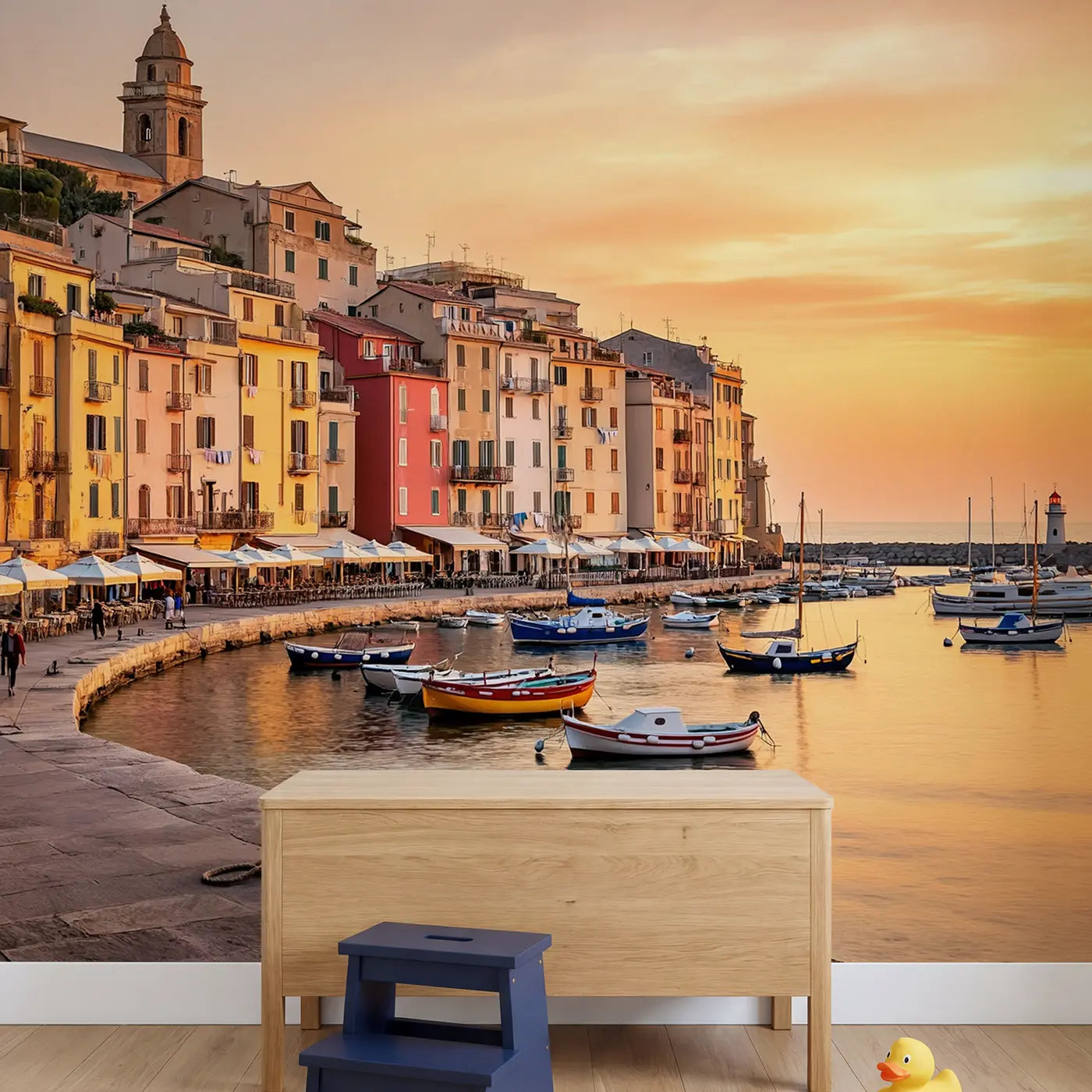 Mediterranean Pastel Harbor Wallpaper Mural in playroom setting by Whimsy Tots
