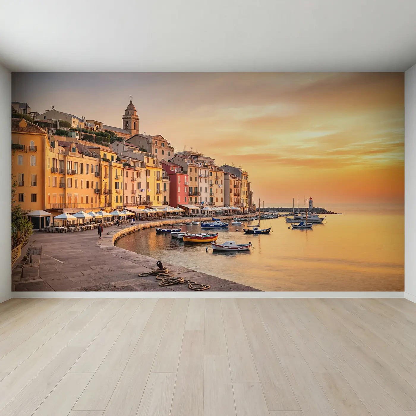 Full view of Mediterranean Pastel Harbor Wallpaper Mural by Whimsy Tots
