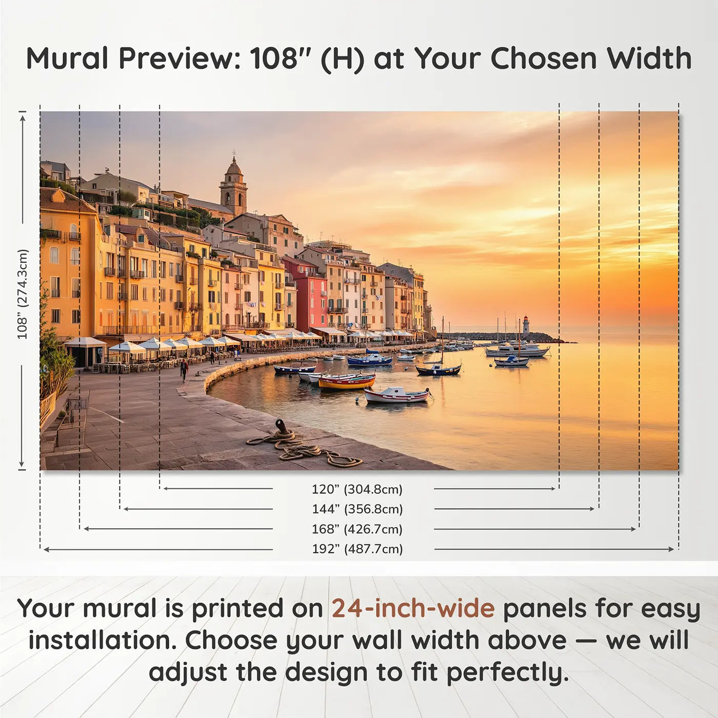 Panel layout and dimensions for Mediterranean Pastel Harbor Wallpaper Mural by Whimsy Tots
