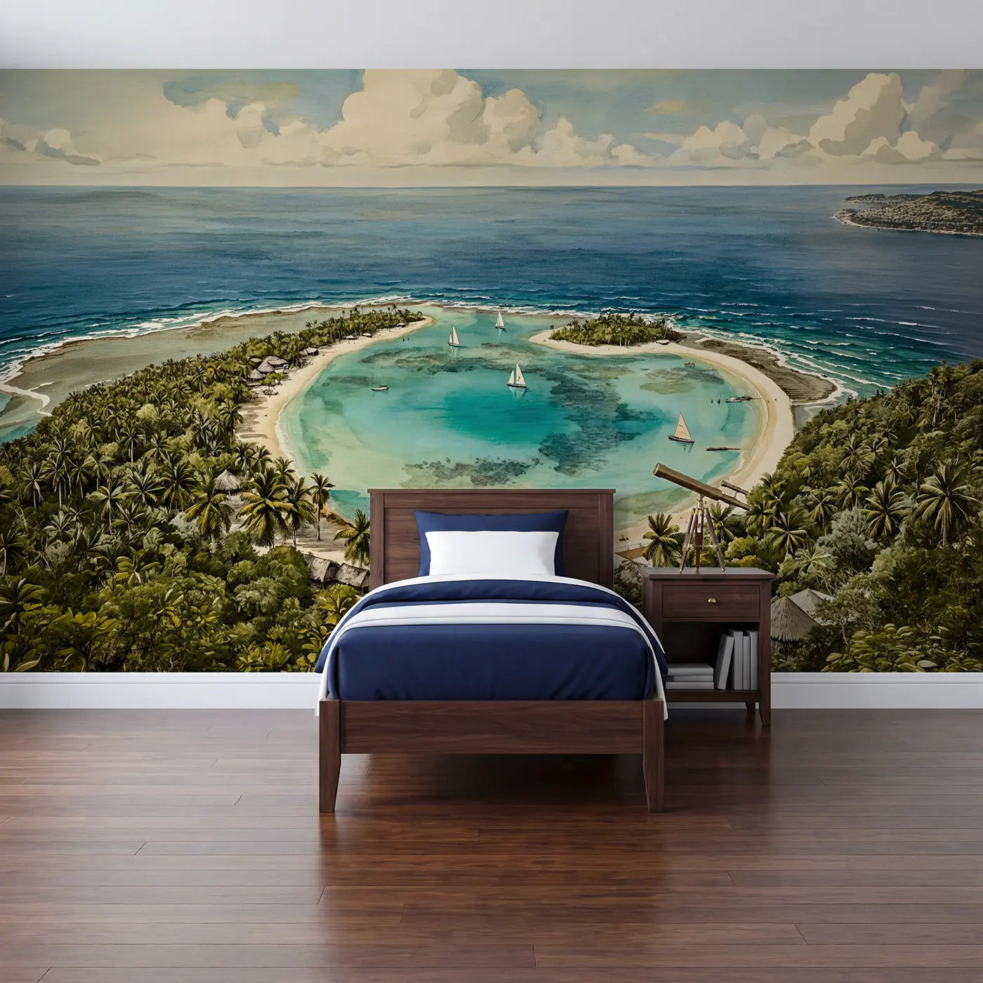 Storybook coral atoll island tropical wallpaper mural for kids room by Whimsy Tots