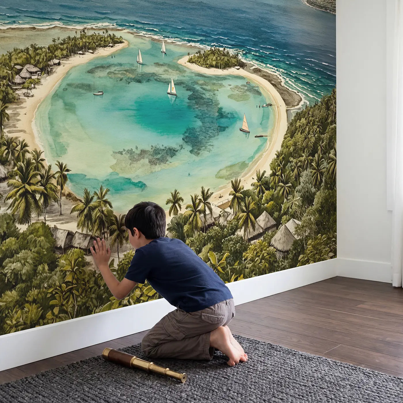 Child in nursery with Coral Atoll Island Wallpaper Mural by Whimsy Tots