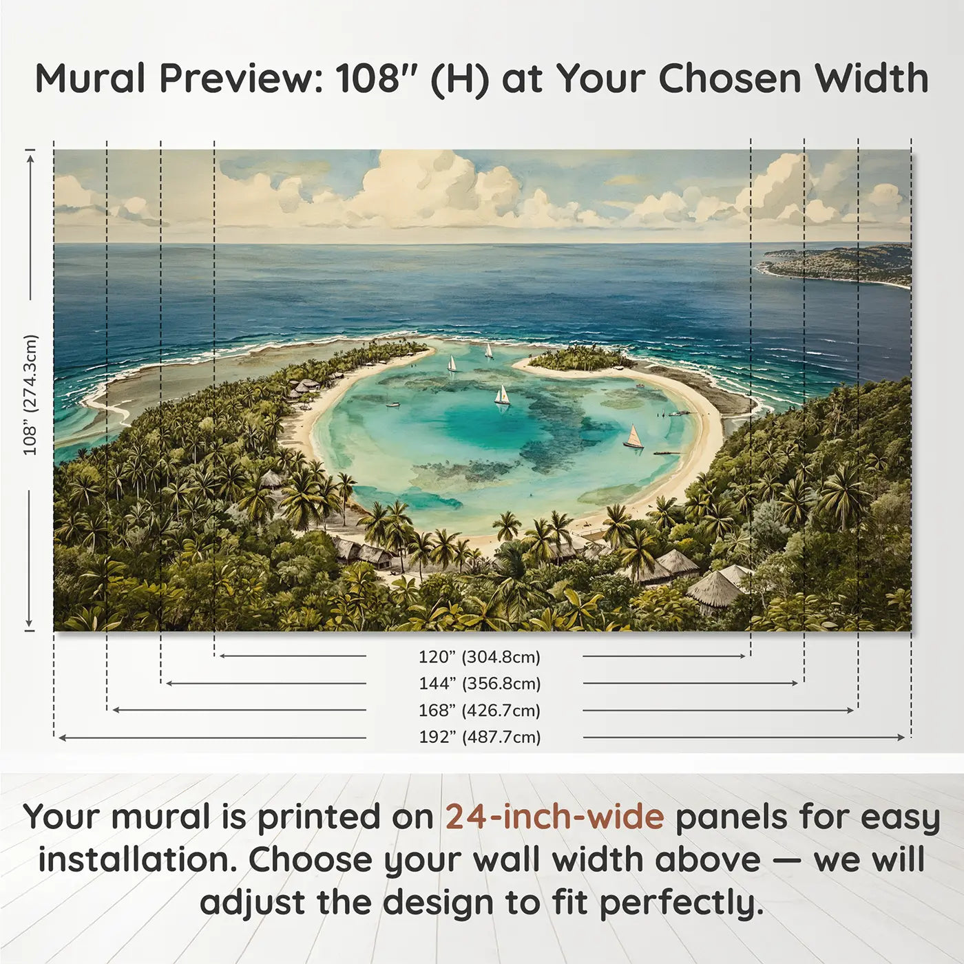 Panel layout and dimensions for Coral Atoll Island Wallpaper Mural by Whimsy Tots