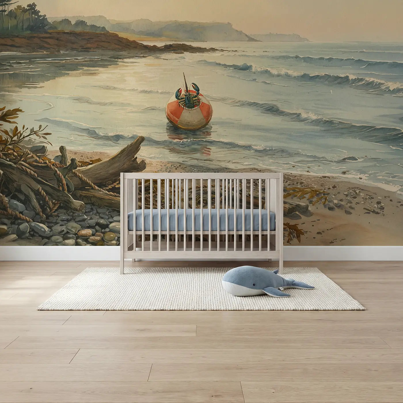 watercolor lobster buoy harbor coastal wallpaper mural for nursery by Whimsy Tots