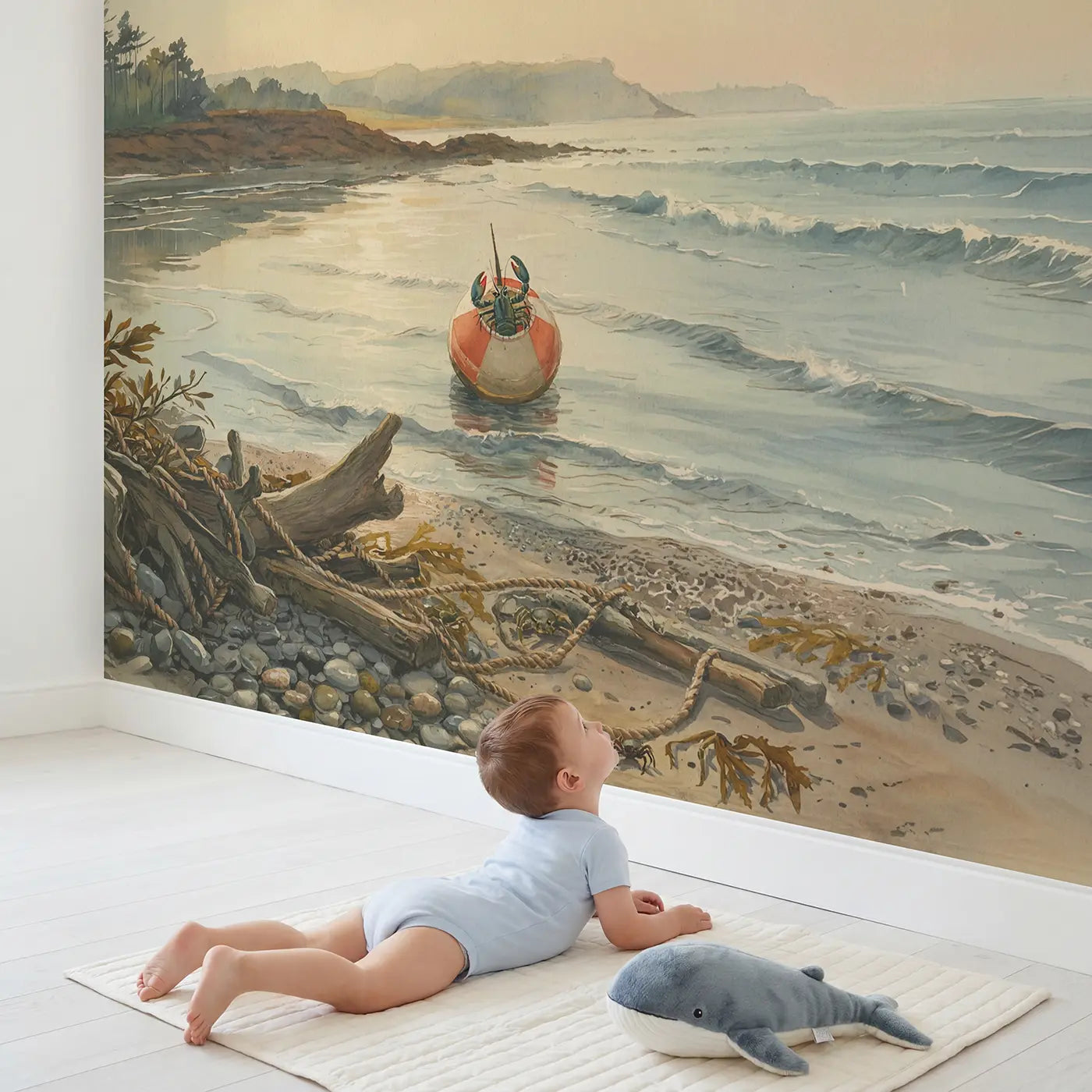 Child in nursery with Lobster Buoy Floating Calm Wallpaper Mural by Whimsy Tots