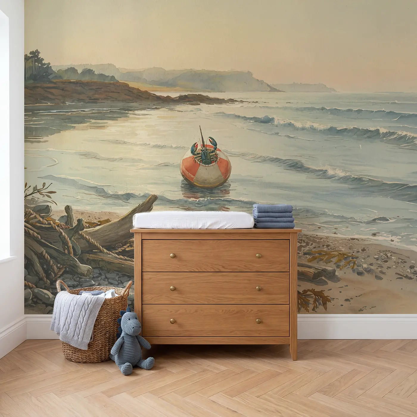 Lobster Buoy Floating Calm Wallpaper Mural in playroom setting by Whimsy Tots