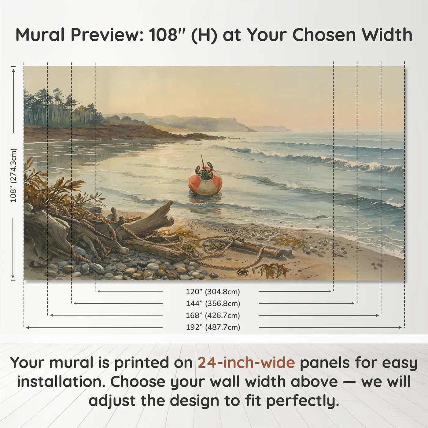 Panel layout and dimensions for Lobster Buoy Floating Calm Wallpaper Mural by Whimsy Tots