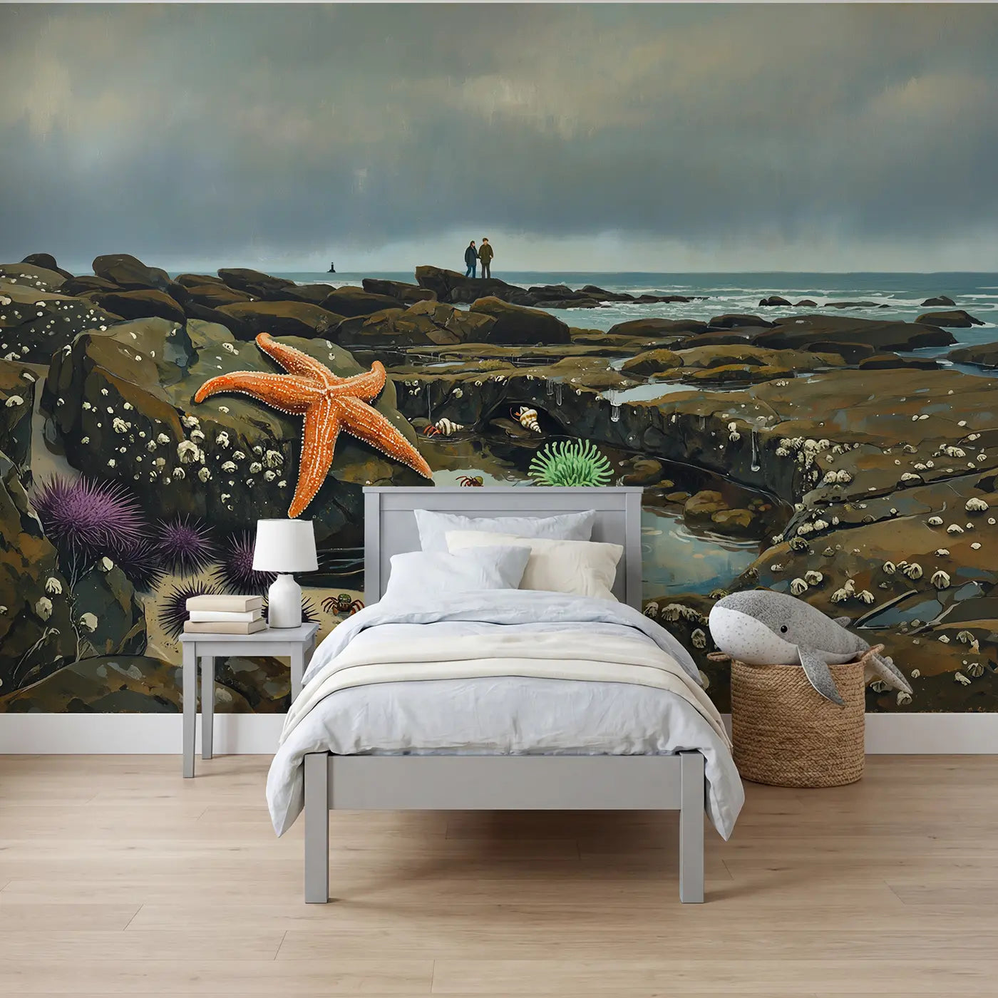 Painted Landscape rocky shore tide pool discovery wallpaper mural for boys room by Whimsy Tots