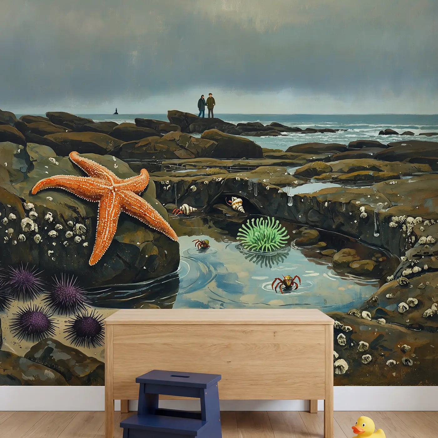 Rocky Shore Tide Pool Discovery Wallpaper Mural in playroom setting by Whimsy Tots