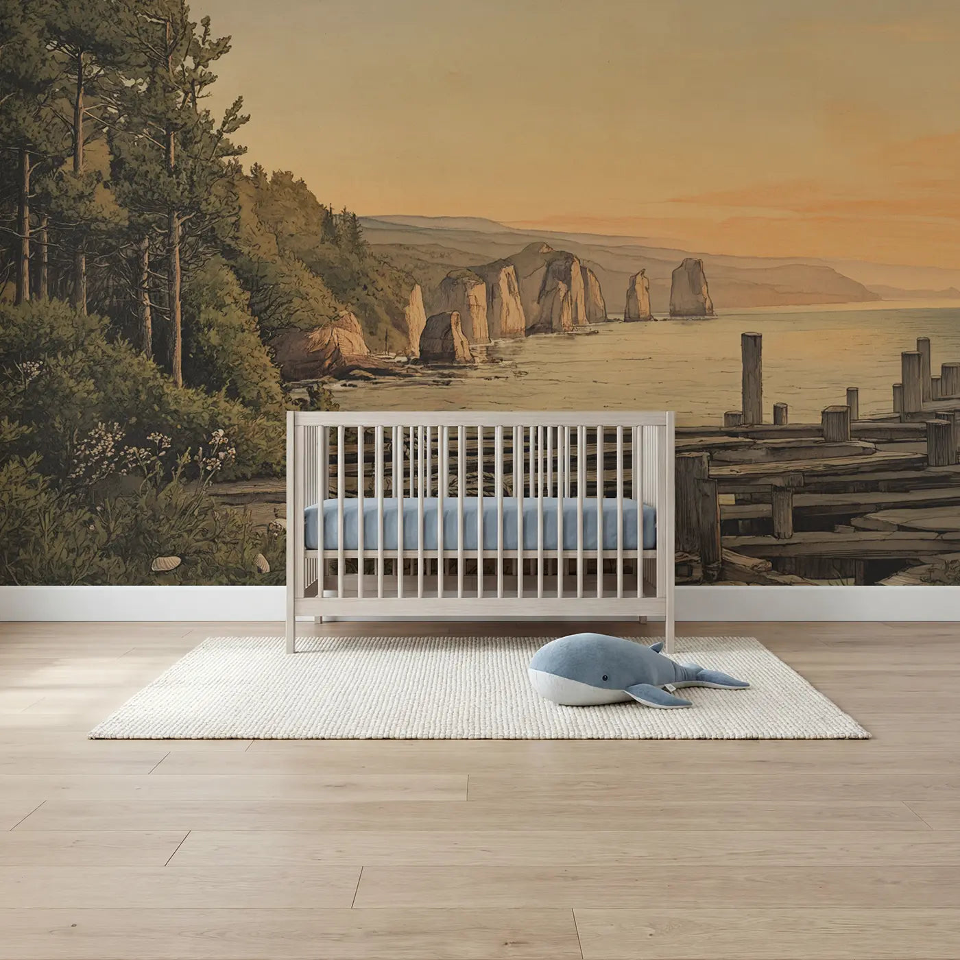 storybook sea stacks coastal sunset wallpaper mural for boys room by Whimsy Tots