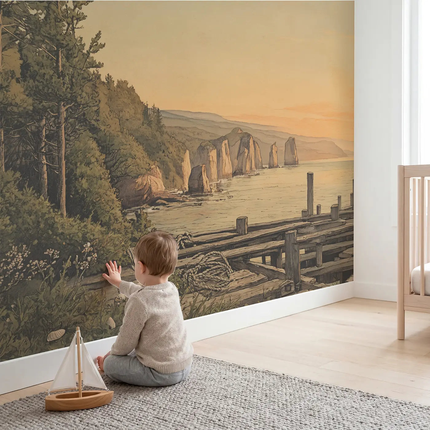 Child in nursery with Dramatic Sea Stack Formations Wallpaper Mural by Whimsy Tots