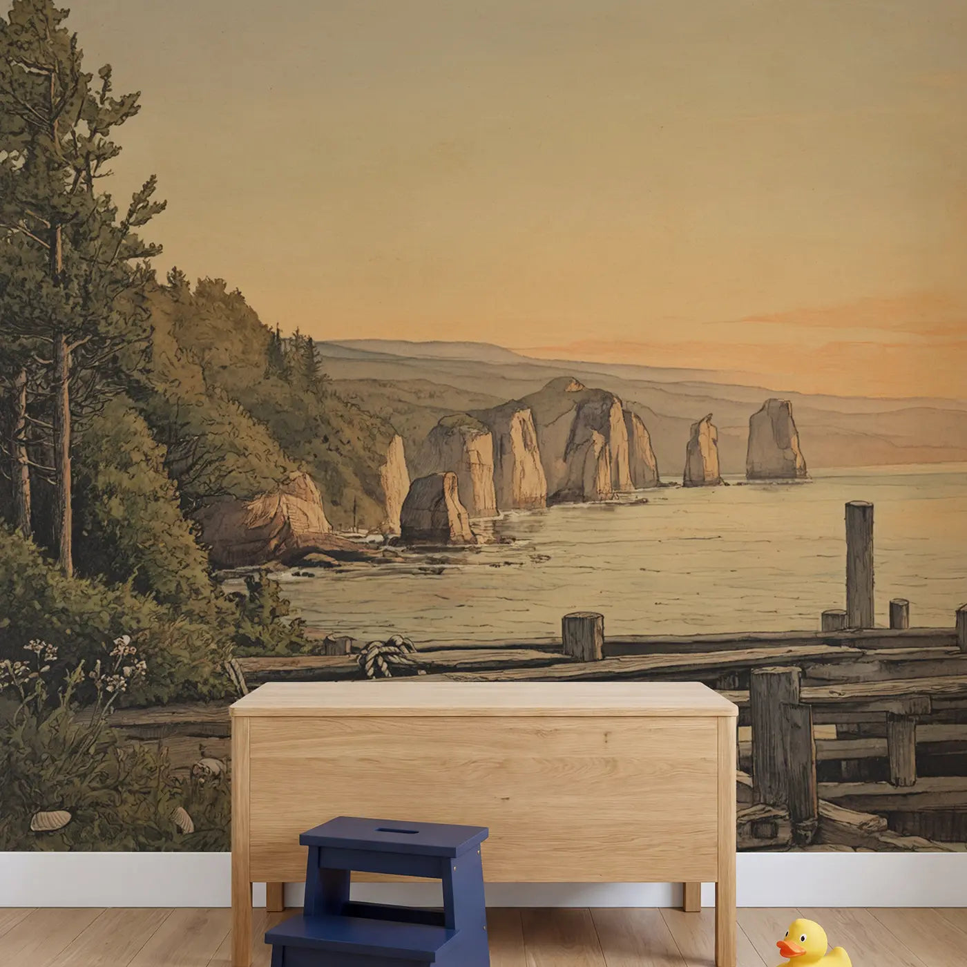 Dramatic Sea Stack Formations Wallpaper Mural in playroom setting by Whimsy Tots