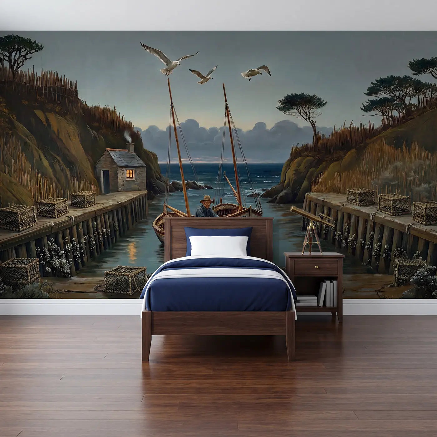 Painted sailboat and cove coastal wallpaper mural for kids room by Whimsy Tots