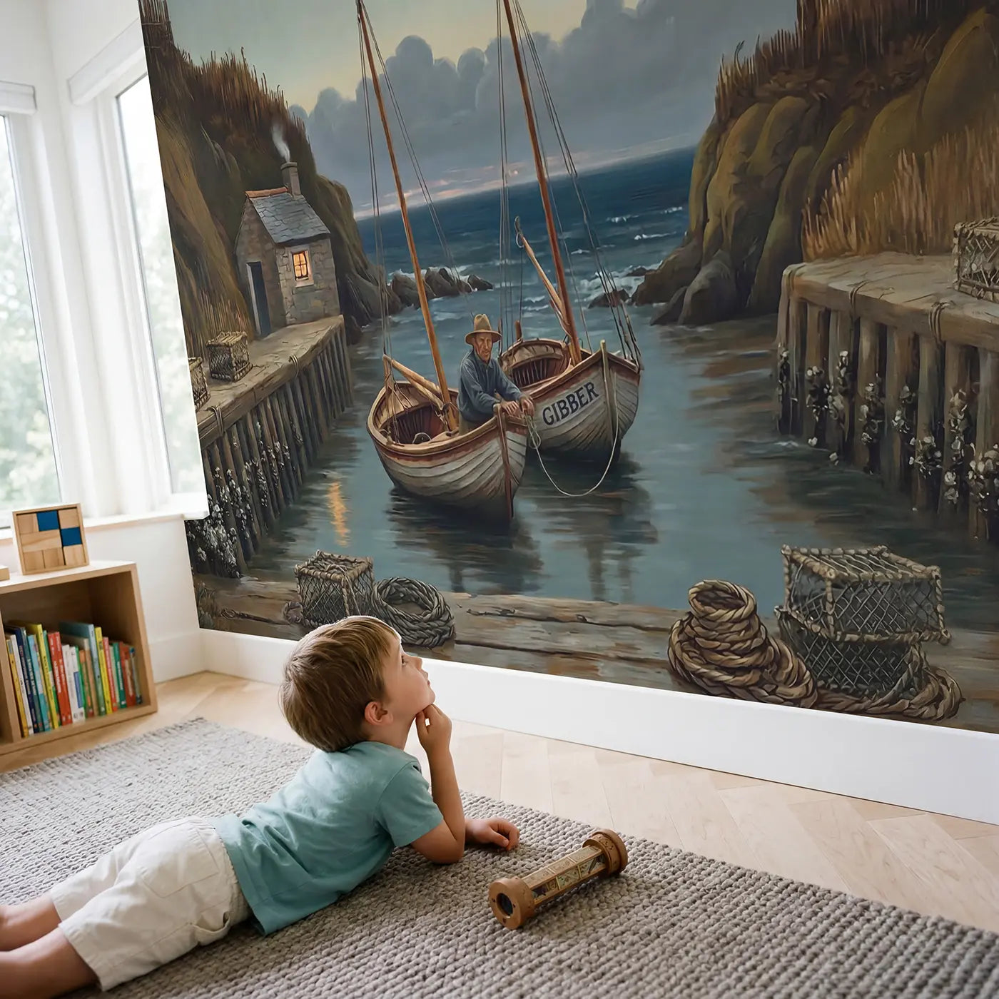 Child in nursery with Coastal Sailboat Cove Wallpaper Mural by Whimsy Tots