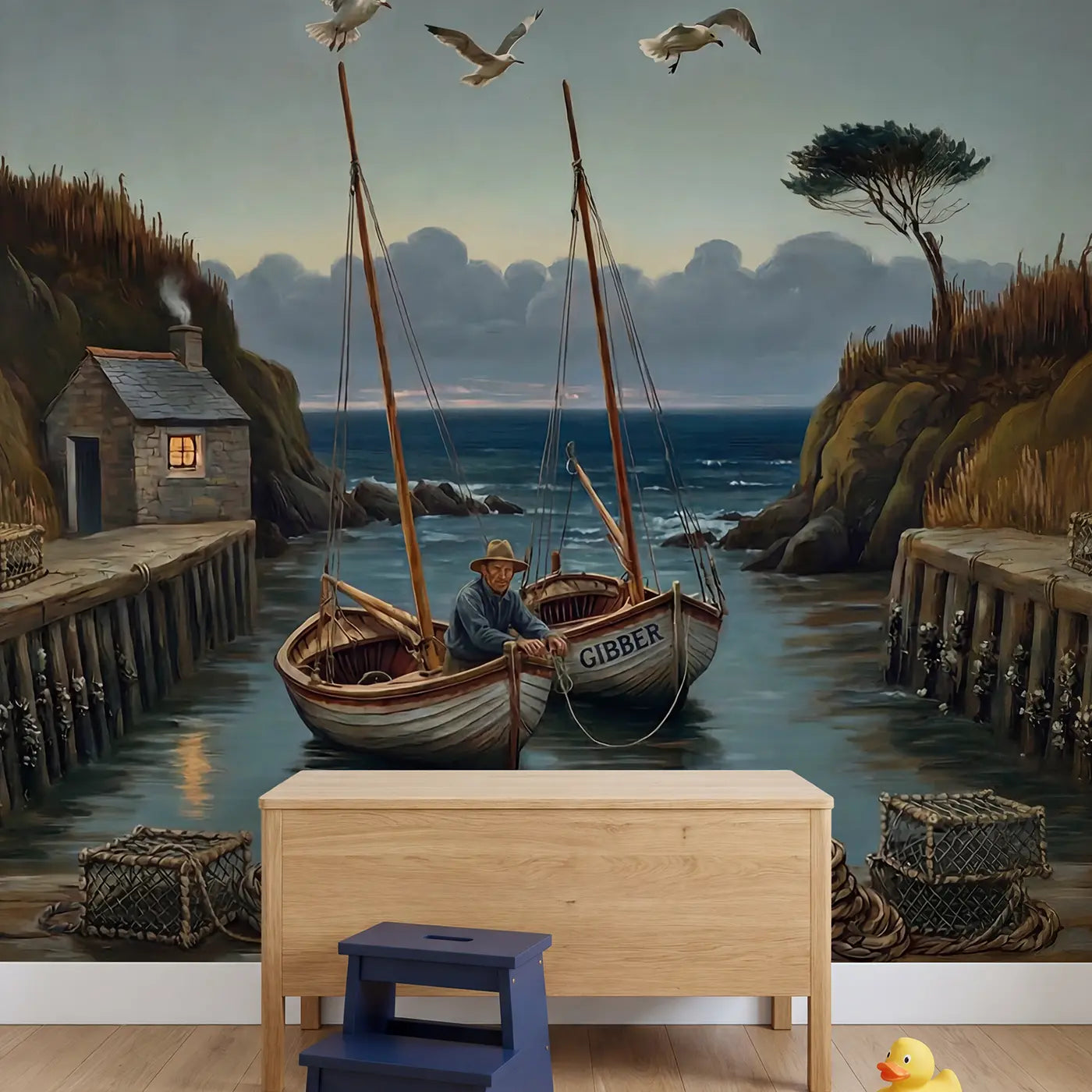 Coastal Sailboat Cove Wallpaper Mural in playroom setting by Whimsy Tots