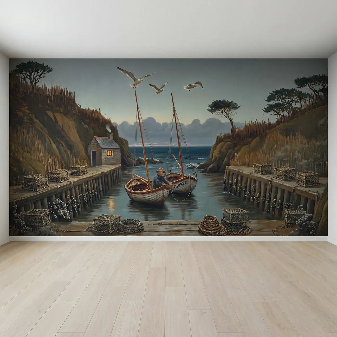 Full view of Coastal Sailboat Cove Wallpaper Mural by Whimsy Tots