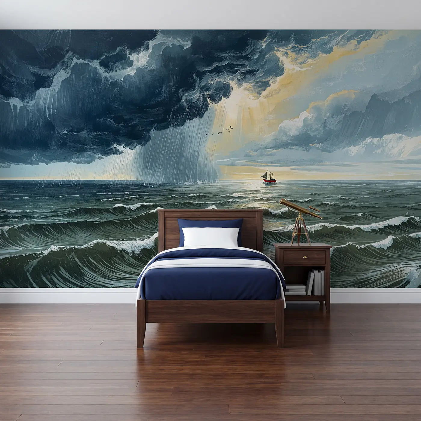 Block print ocean storm sailboat lighthouse wallpaper mural for kids room by Whimsy Tots